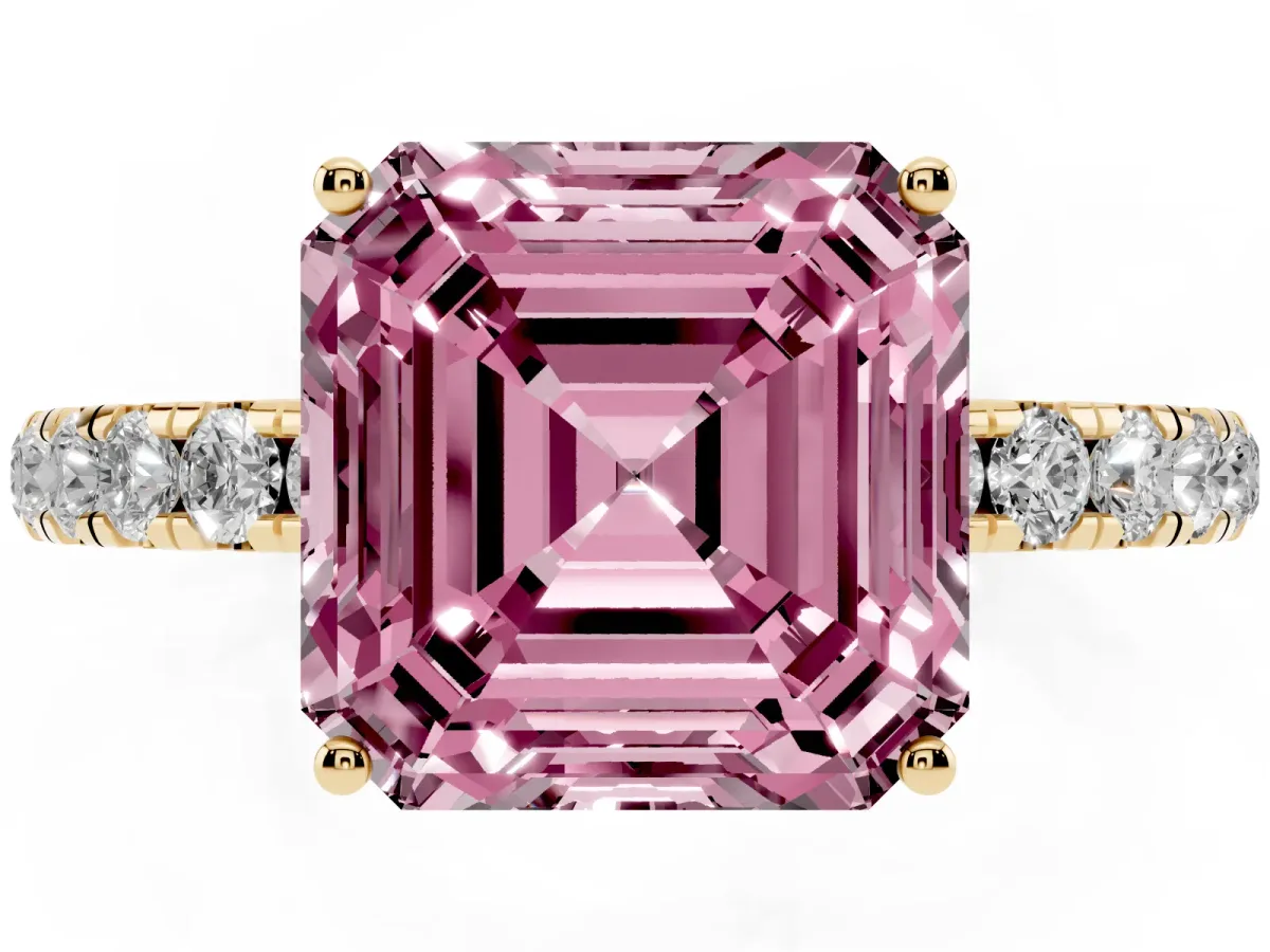Fancy Pink Asscher Cut Diamond Pavé Solitaire Engagement Ring with Four-Prong Setting Yellow gold