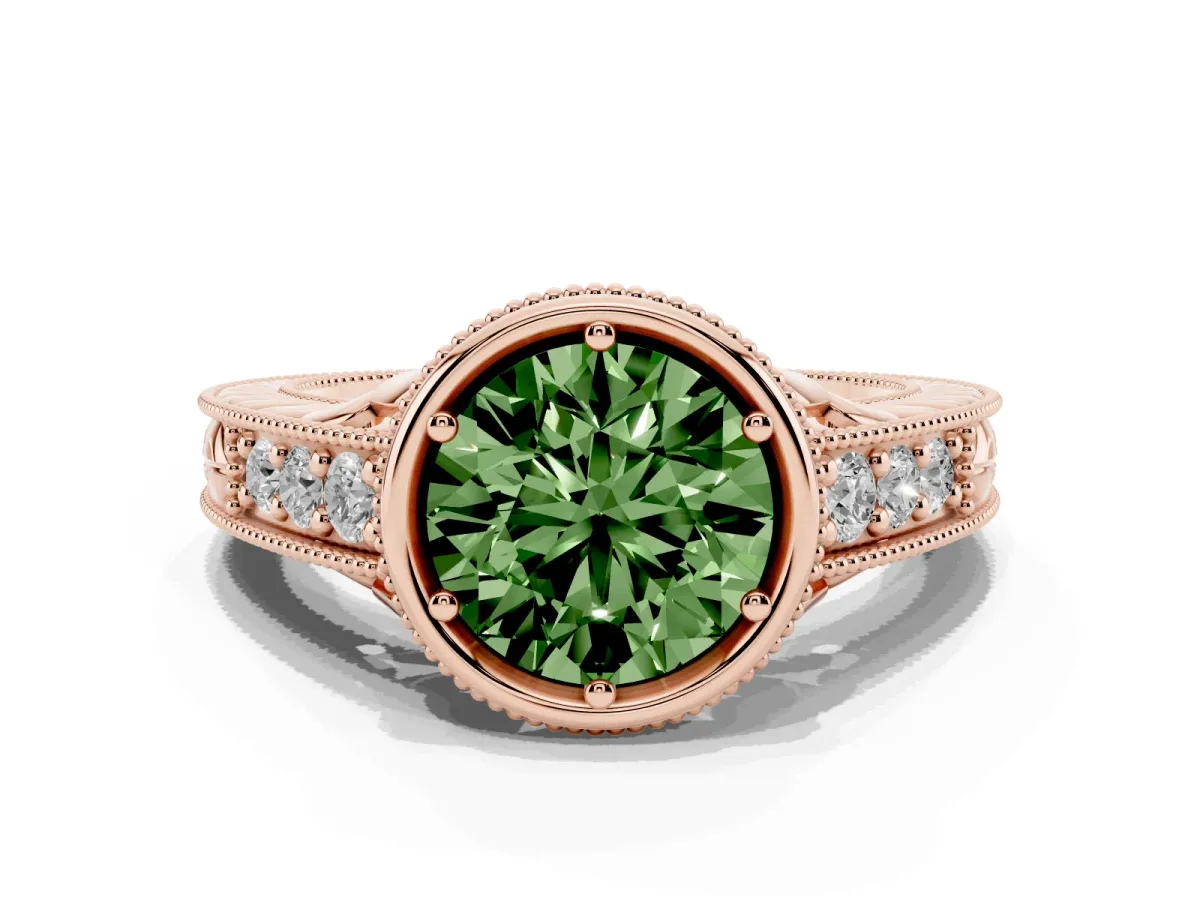 Fancy Green Bezel Set Round Cut Diamond Milgrain Pave Engagement Ring Rose gold