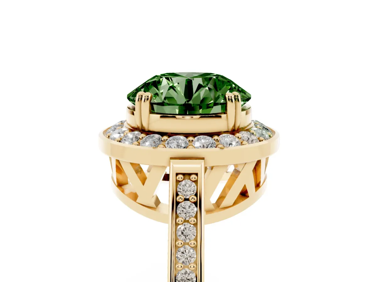 Fancy Green Round Cut Diamond Halo Ring with Split Shank and Four-Prong Setting Yellow gold