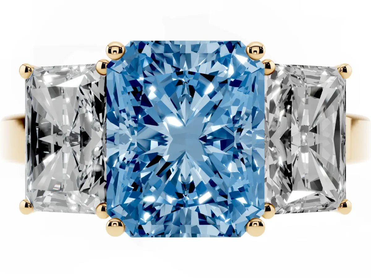 Fancy Blue Three-Stone Radiant Cut Cut Diamond Engagement Ring with Flat Band and Four-Prong Setting Yellow gold