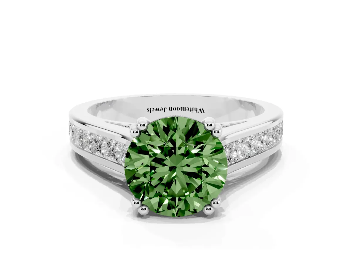 Fancy Green Round Cut Cut Channel Set Solitaire Engagement Ring with Prong Setting Platinum
