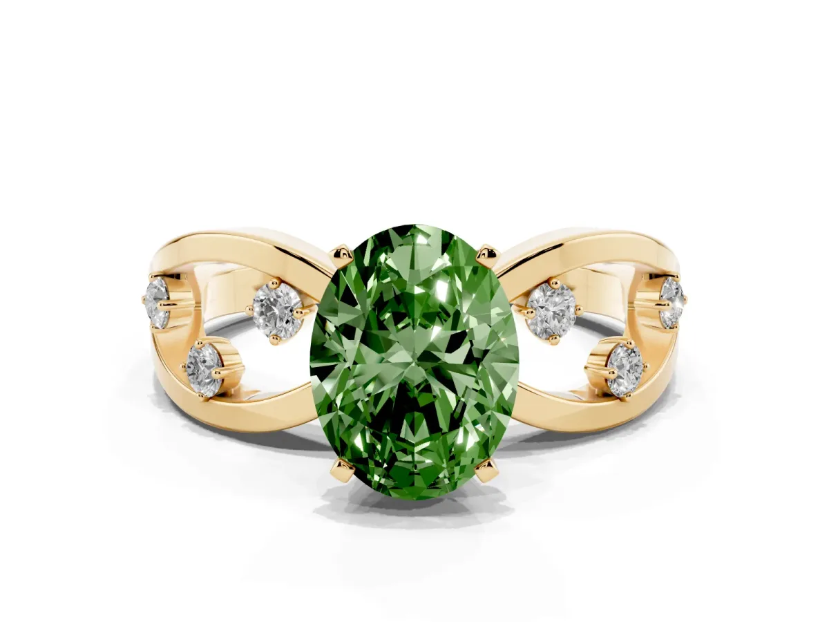 Fancy Green Oval Cut Cut Solitaire Diamond with Side Stones on Criss-Cross Band and Four-Prong Setting Yellow gold