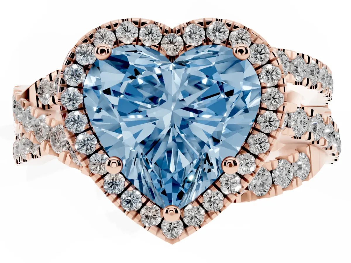 Fancy Blue Heart Cut Diamond Halo Ring with Round Split Shank and Prong Setting Rose gold
