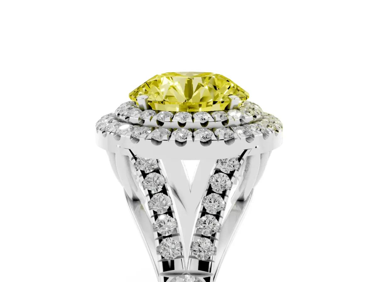 Fancy Yellow Round Cut Cut Double Halo Split Shank Diamond Ring with Prong Setting Silver