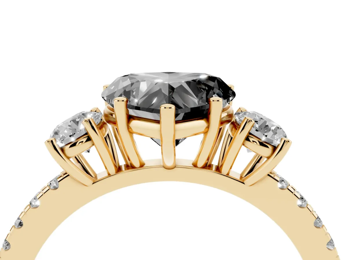 Fancy Black Three-Stone Heart Cut Cut Diamond Pavé Band with Prong Setting Yellow gold