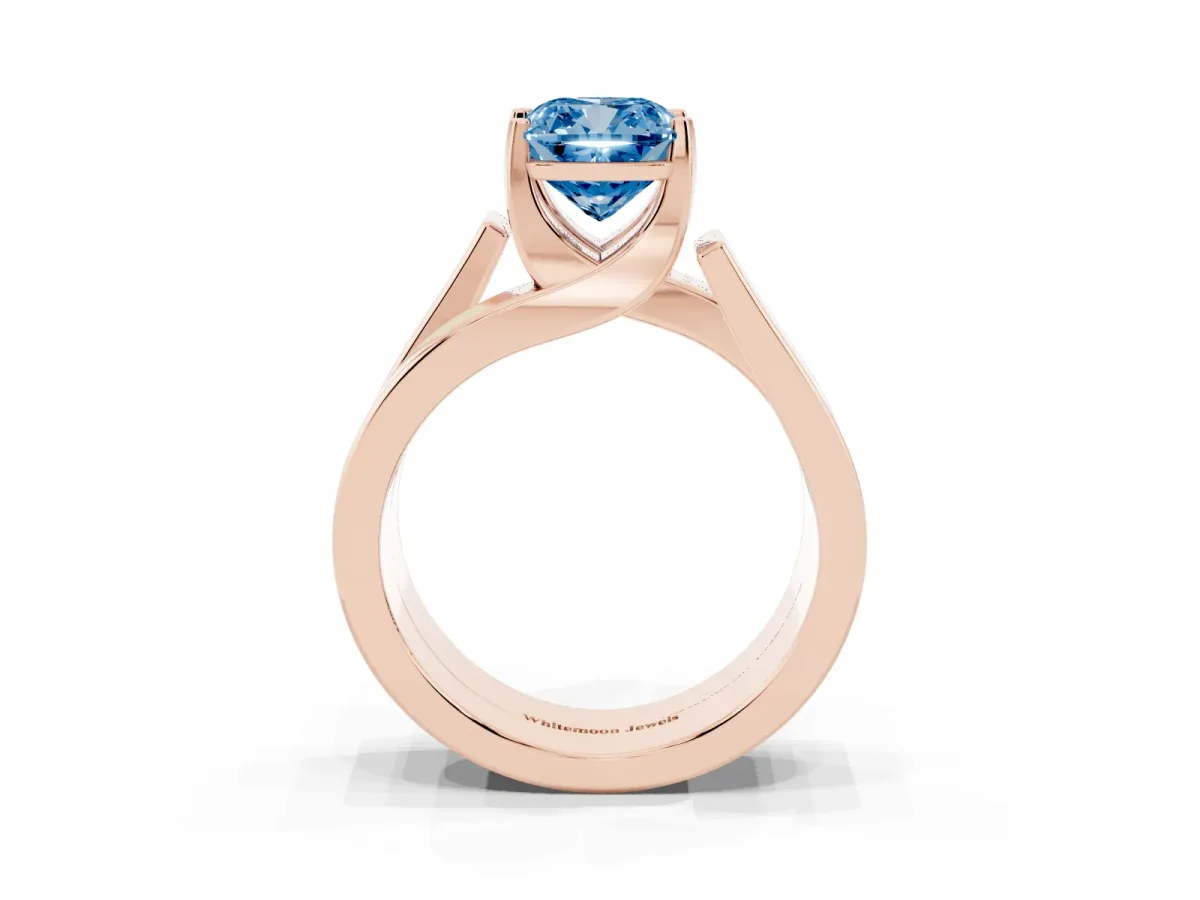 Fancy Blue Modern Tension Set Cushion Cut Diamond Solitaire Wide Band Ring Rose gold