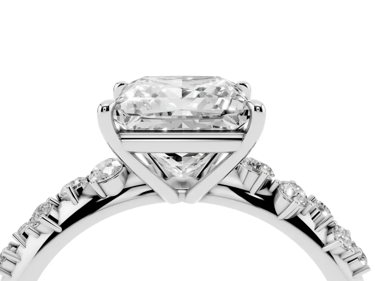 Princess Cut Diamond Cluster Side Stone Solitaire Ring with Prong Setting Silver