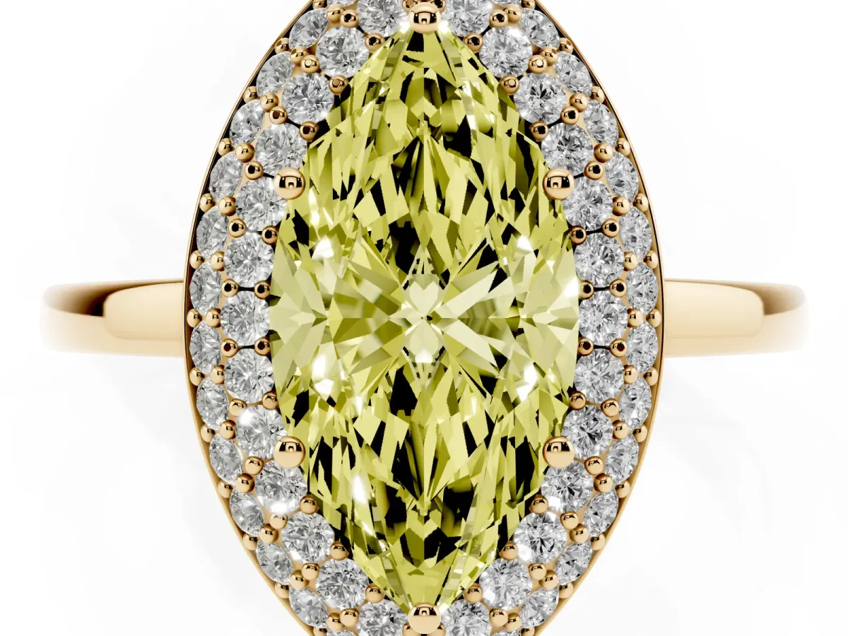 Fancy Yellow Marquise Cut Halo Diamond Engagement Ring with Solitaire Band and Four-Prong Setting Yellow gold
