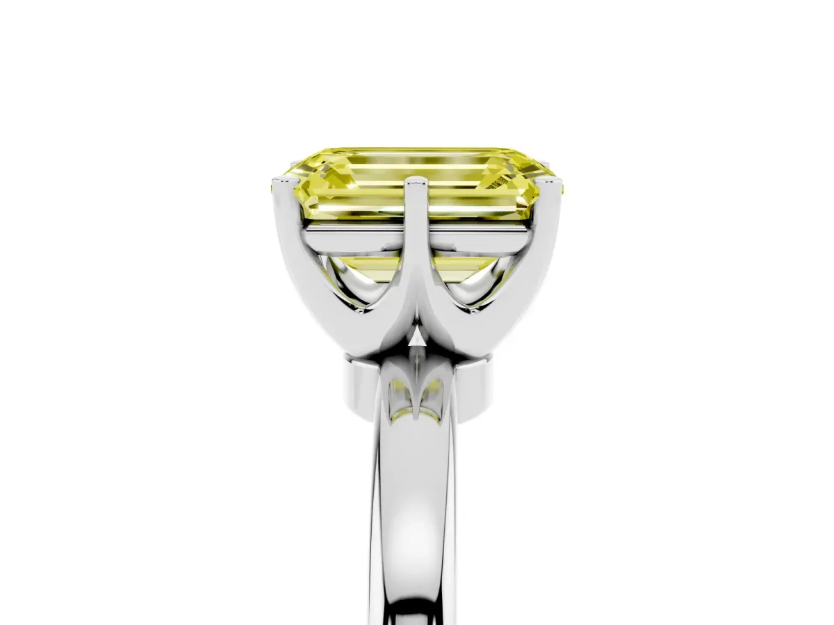 Fancy Yellow Emerald Cut Solitaire Diamond Ring with Six-Prong Setting on a Classic Band Platinum