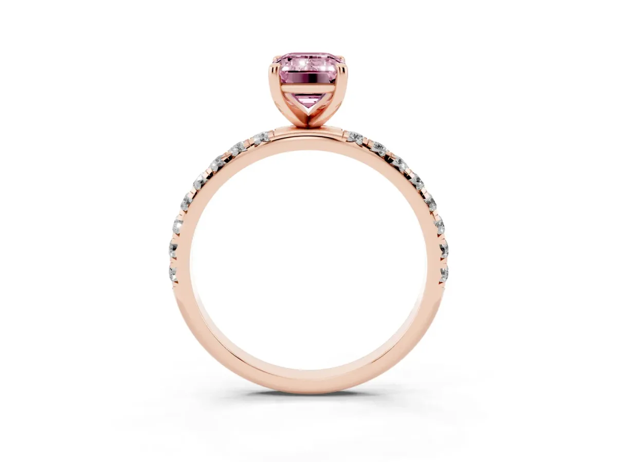 Fancy Pink Emerald Cut Cut Diamond Solitaire Ring with Micro Pave Band and Four Prong Setting Rose gold