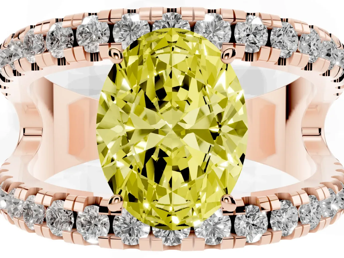 Fancy Yellow Oval Cut Solitaire Split Shank Pave Diamond Ring Rose gold