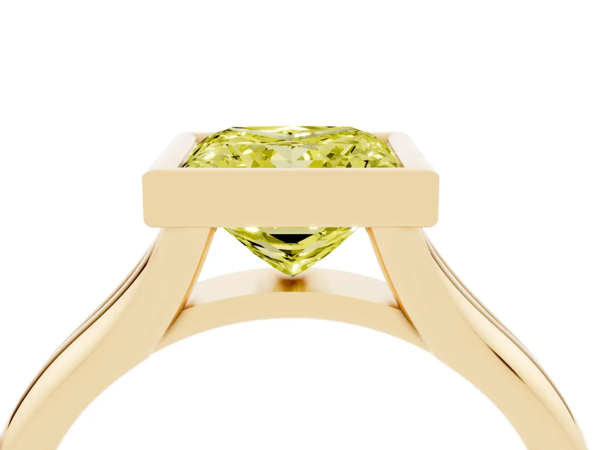 Fancy Yellow Bezel Set Princess Cut Solitaire Diamond Ring with Smooth Band Yellow gold