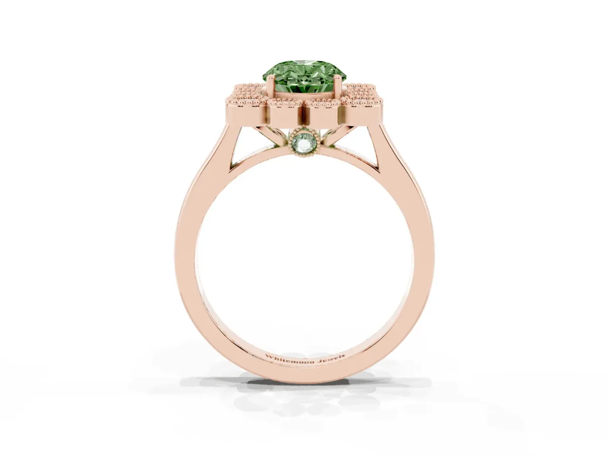 Fancy Green Oval Cut Halo Diamond Cluster Engagement Ring with Milgrain Bezel Setting and Solitaire Band Rose gold