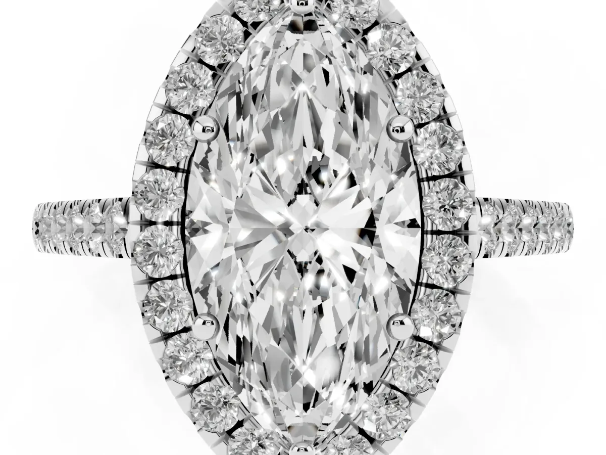 Marquise Cut Halo Pave Diamond Engagement Ring with Four-Prong Setting Silver