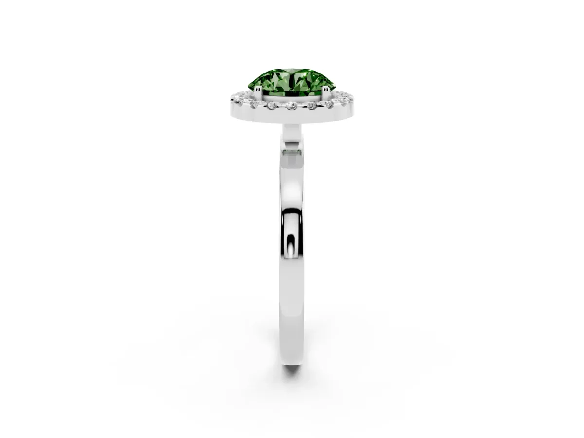 Fancy Green Round Cut Halo Diamond Solitaire with Pavé Band and Four-Prong Setting White gold