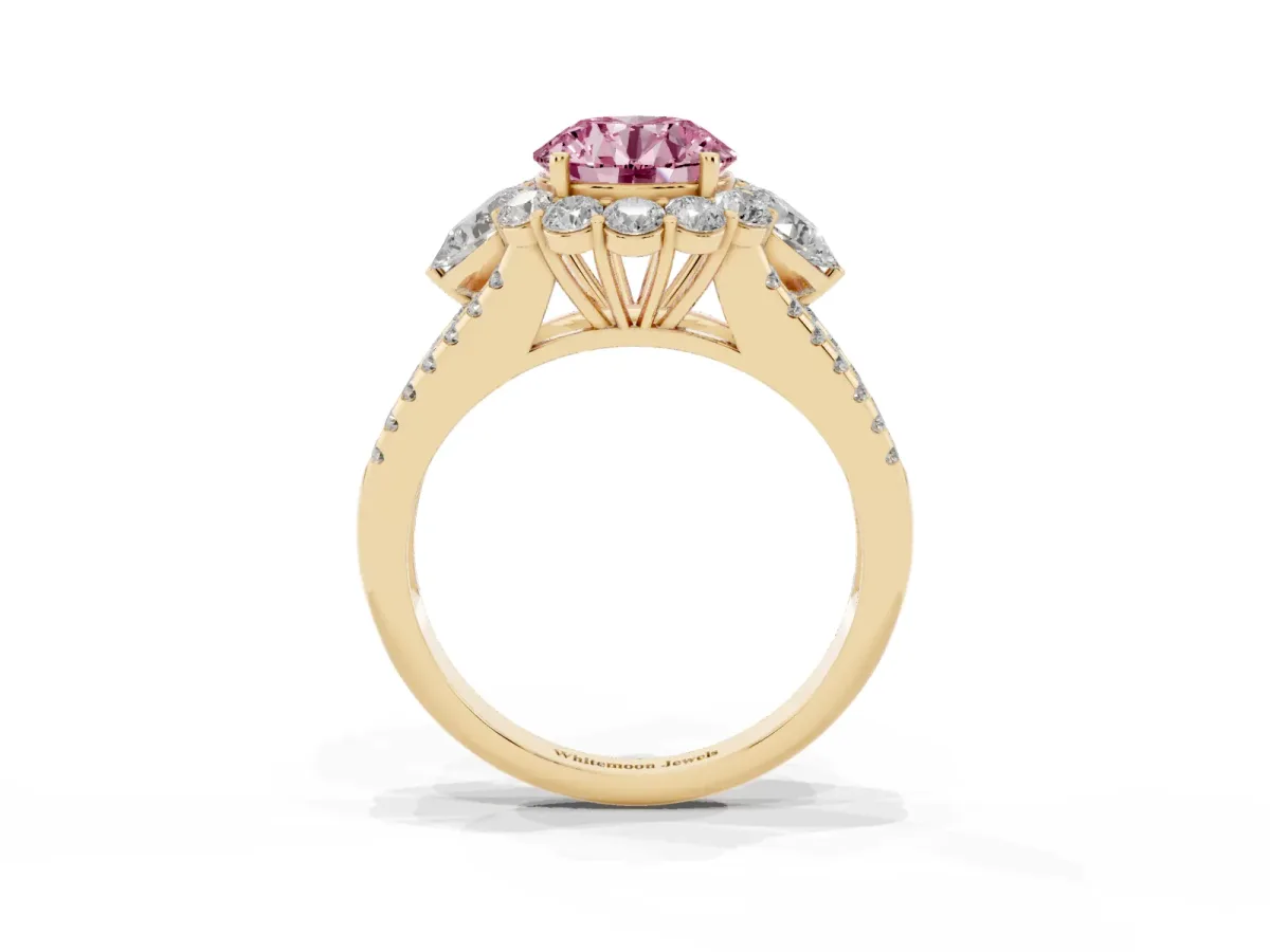 Fancy Pink Round Cut Halo Split Shank Diamond Engagement Ring with Prong Setting Yellow gold
