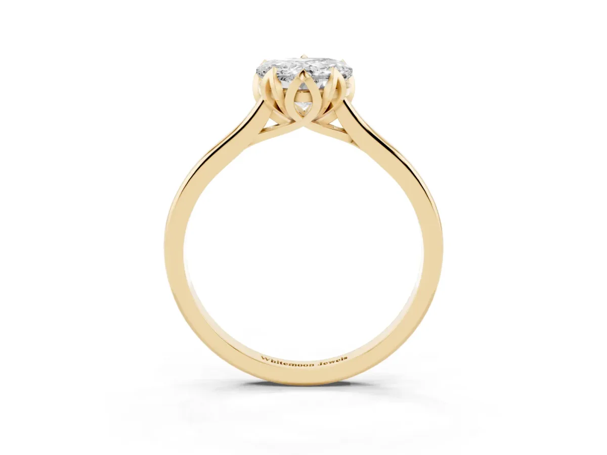 Heart Cut Diamond Solitaire Ring with Flower Prong Setting and Classic Band Yellow gold