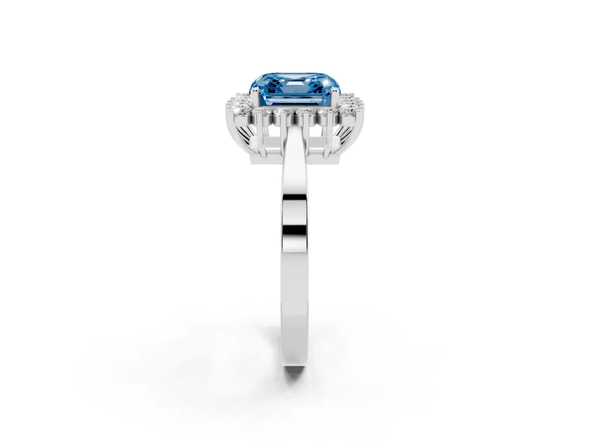 Fancy Blue Asscher Cut Cut Diamond Halo Ring with Round Brilliant Halo and Solitaire Band Platinum