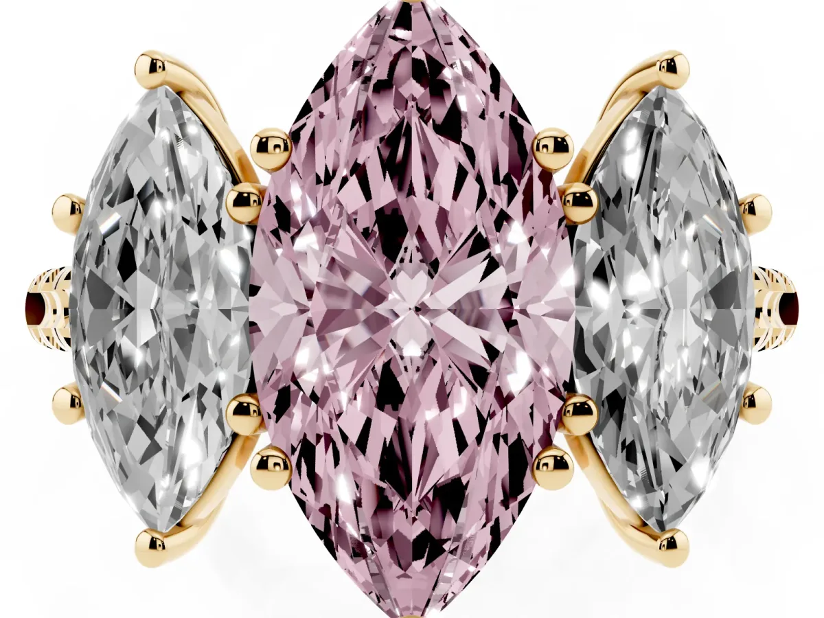 Fancy Pink Three-Stone Marquise Cut Diamond Ring with Round Pavé Band and Prong Setting Yellow gold