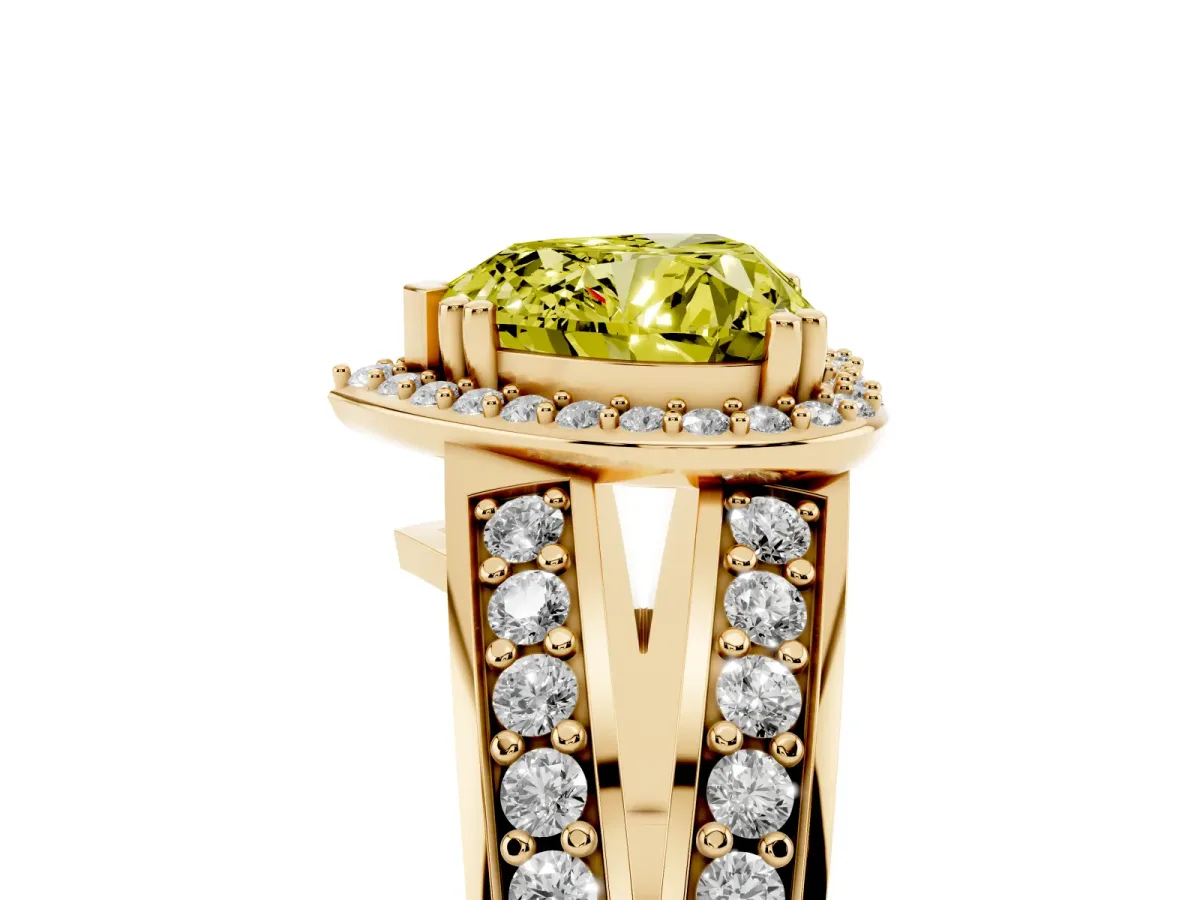 Fancy Yellow Heart Cut Diamond Halo Ring with Split Shank Pavé Band and Four-Prong Setting Yellow gold