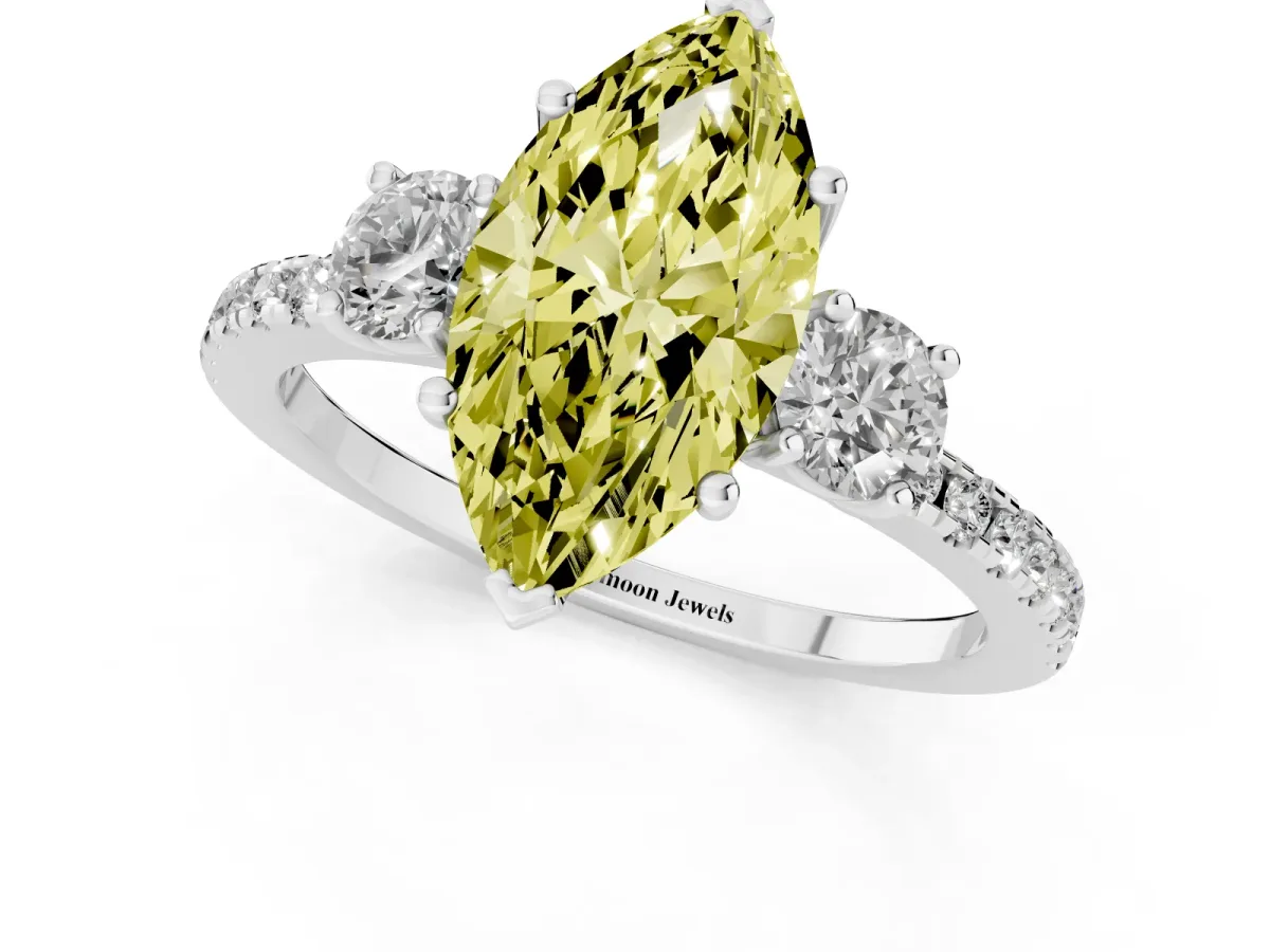 Fancy Yellow Three-Stone Marquise Cut Cut Diamond Pavé Band with Prong Setting Silver