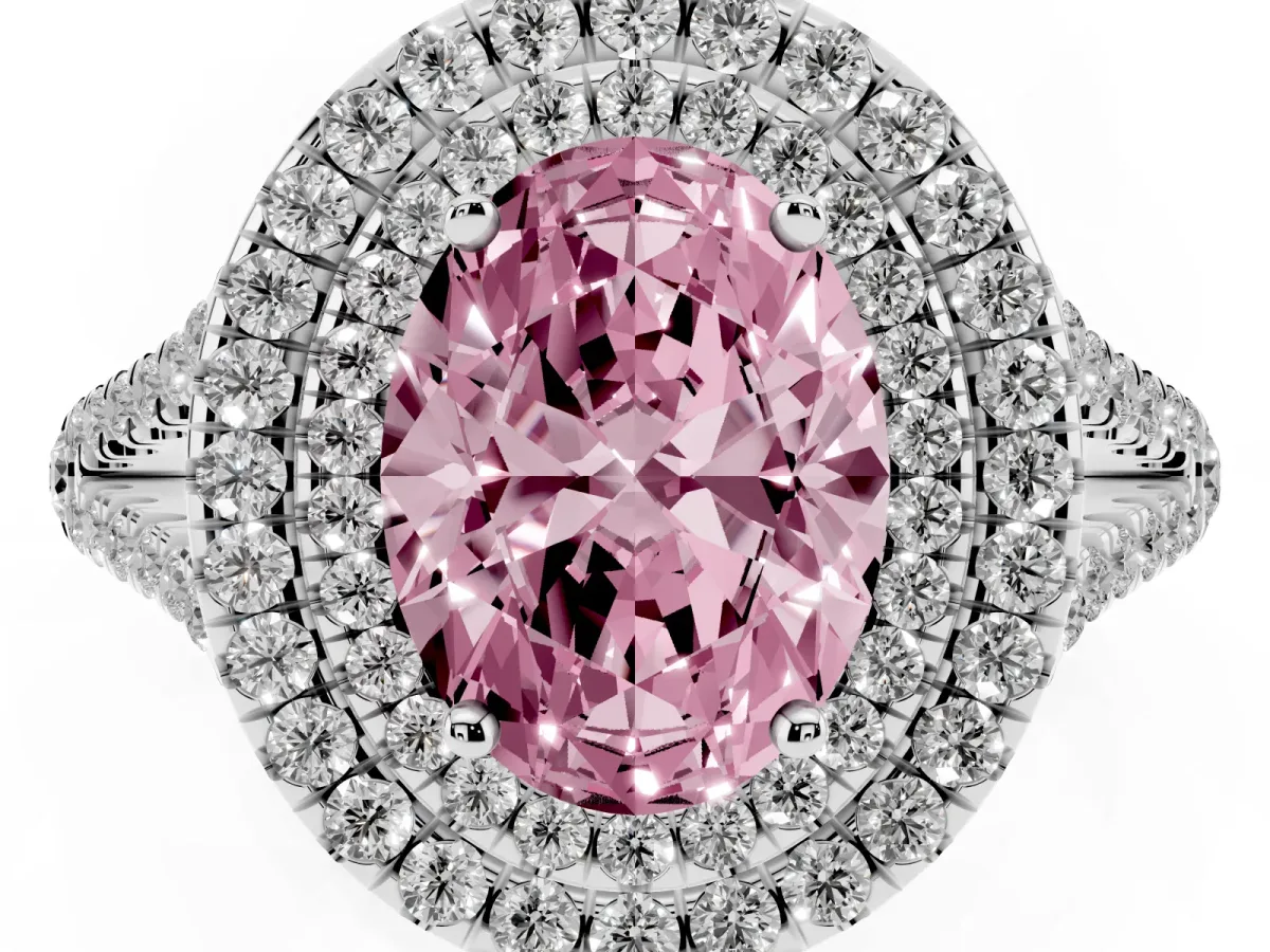 Fancy Pink Oval Cut Diamond Double Halo Ring with Pavé Band and Prong Setting Silver