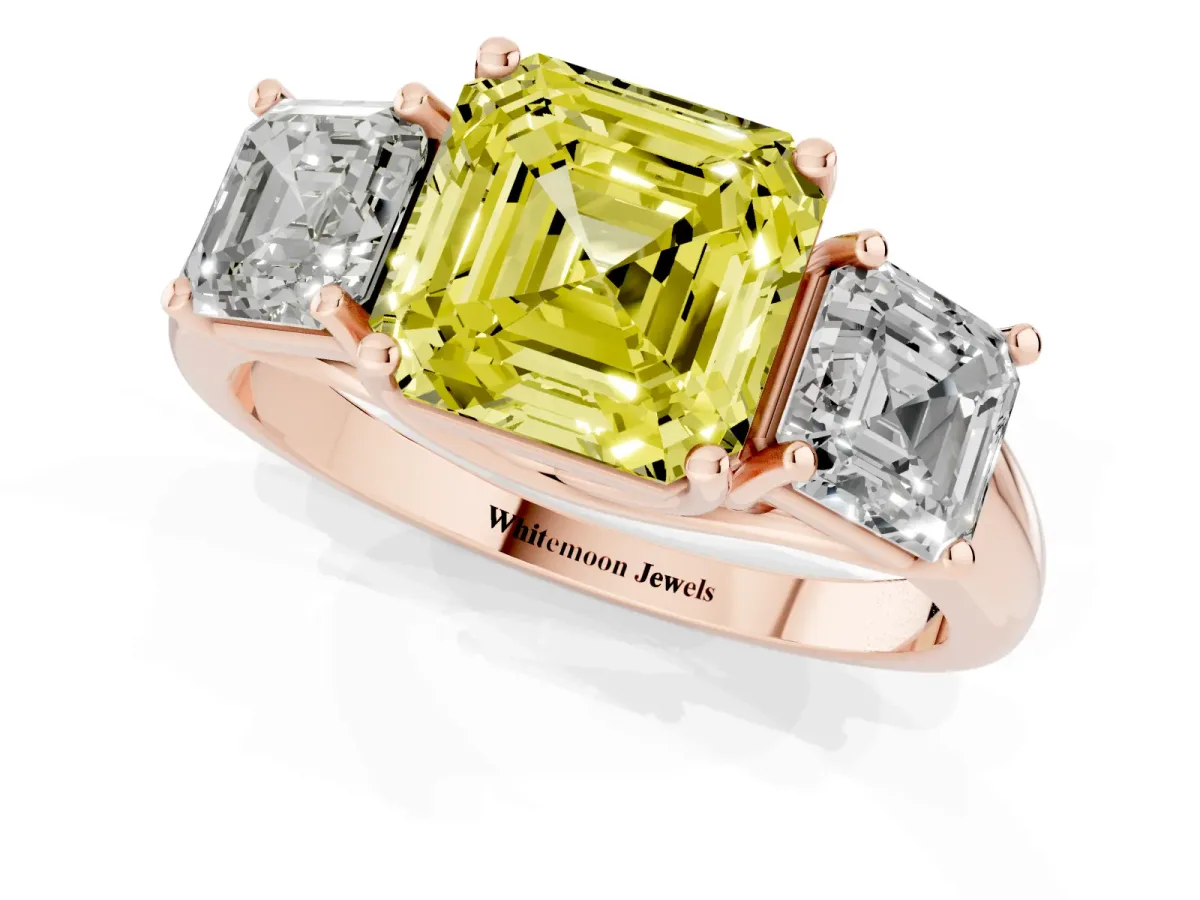Fancy Yellow Three-Stone Asscher Cut Diamond Engagement Ring with Prong Setting Rose gold