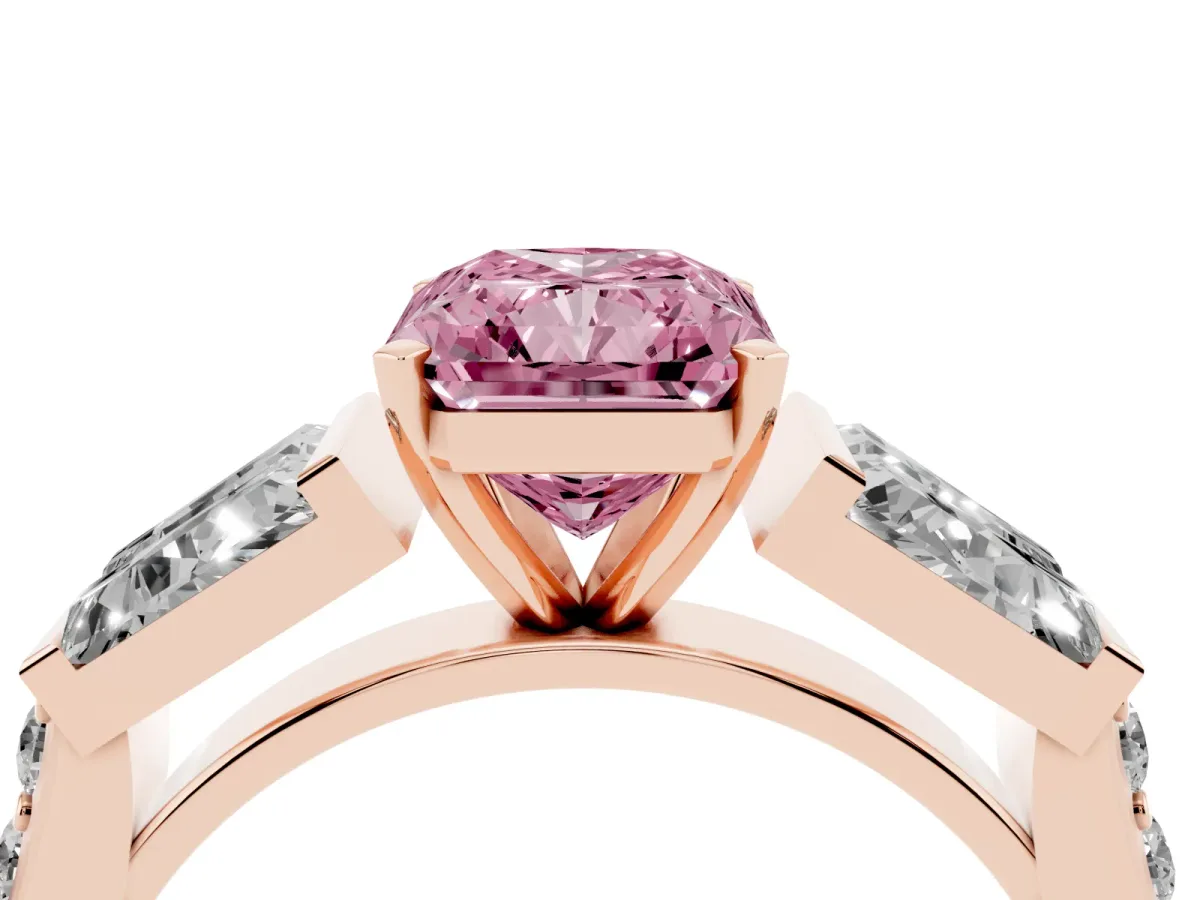 Fancy Pink Radiant Cut Diamond Engagement Ring with Baguette Side Stones and Channel Set Band Rose gold