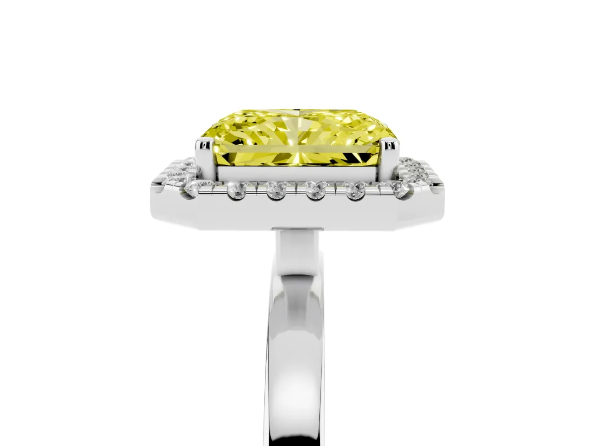 Fancy Yellow Radiant Cut Halo Diamond Solitaire with Pavé Band and Four-Prong Setting Platinum