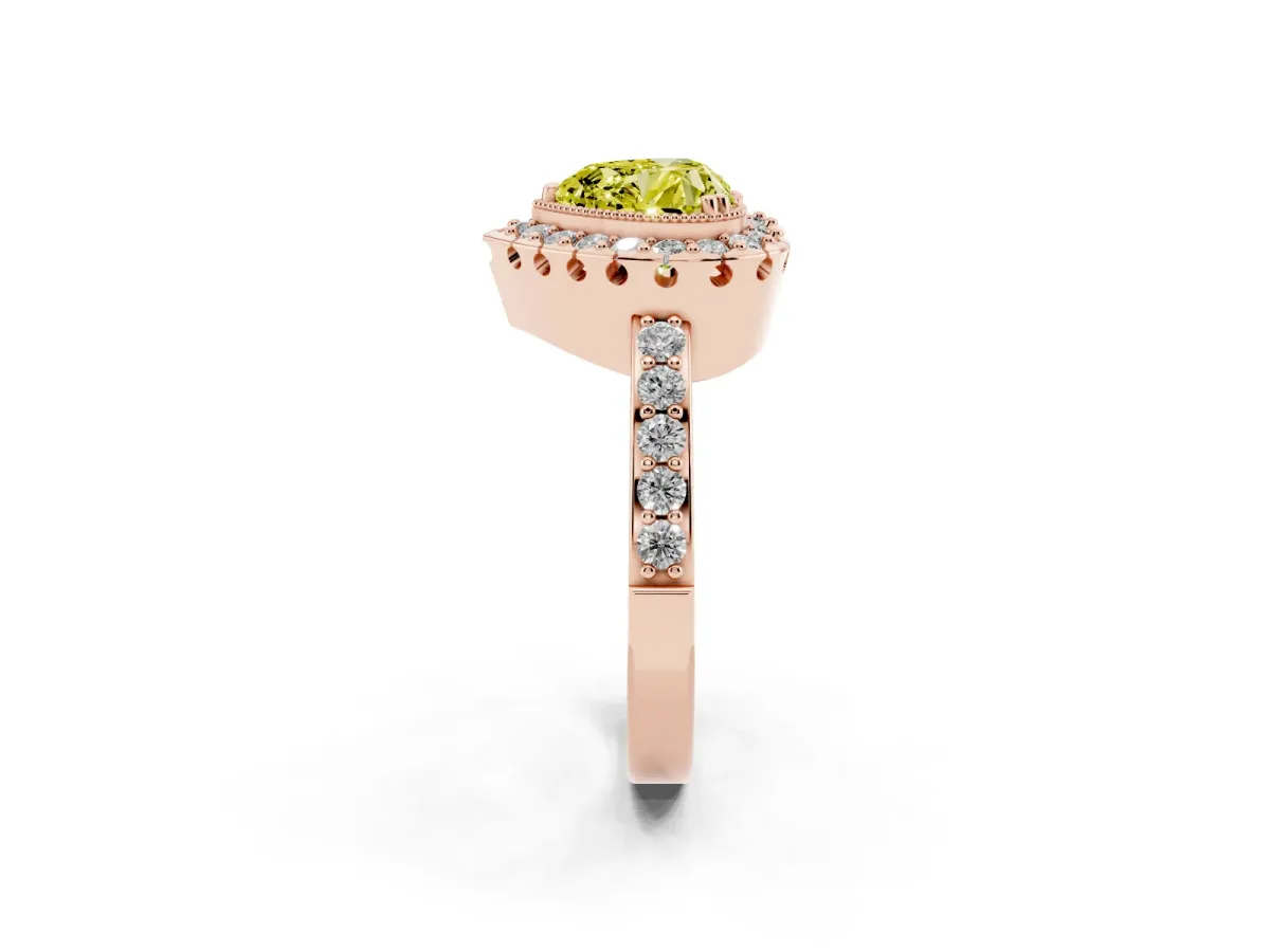 Fancy Yellow Heart Cut Diamond Halo Ring with Pavé Band and Prong Setting Rose gold