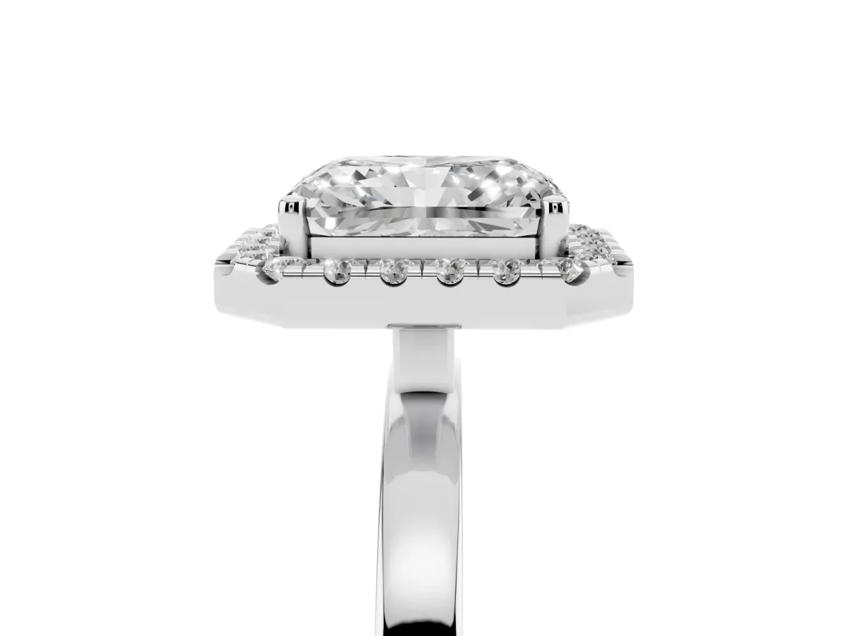 Radiant Cut Halo Diamond Solitaire with Pavé Band and Four-Prong Setting Silver