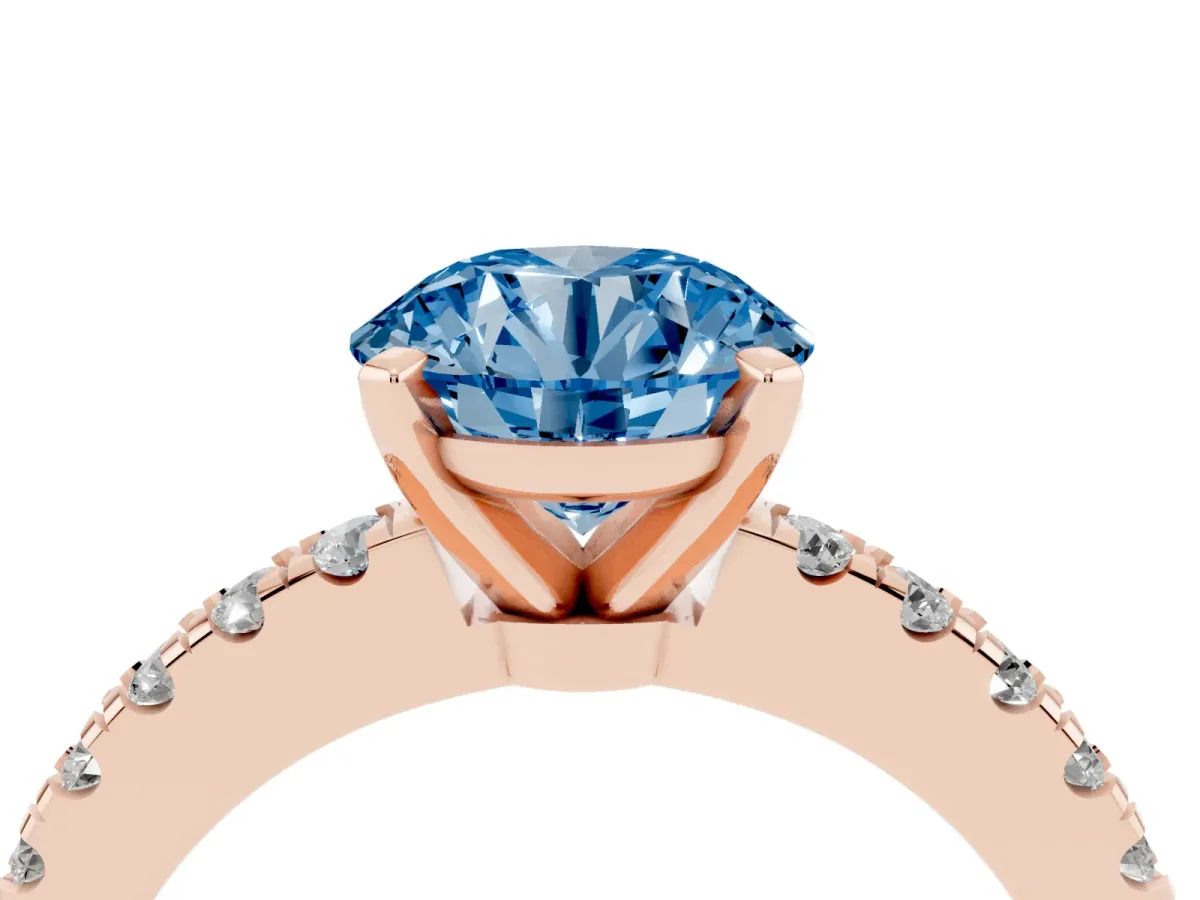 Fancy Blue Round Cut Solitaire Diamond with Pavé Band and Four-Prong Setting Rose gold