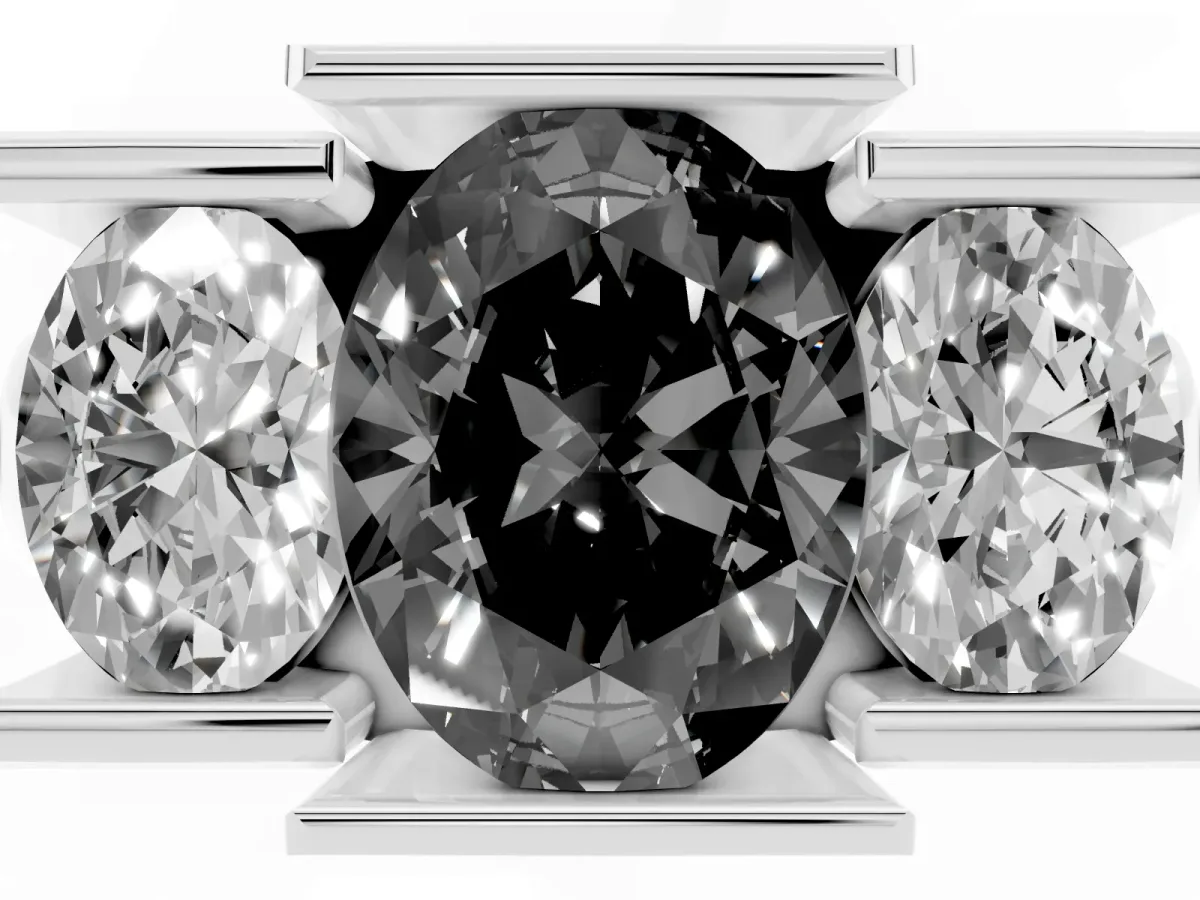 Fancy Black Three Stone Oval Cut Cut Channel Set Diamond Ring Platinum