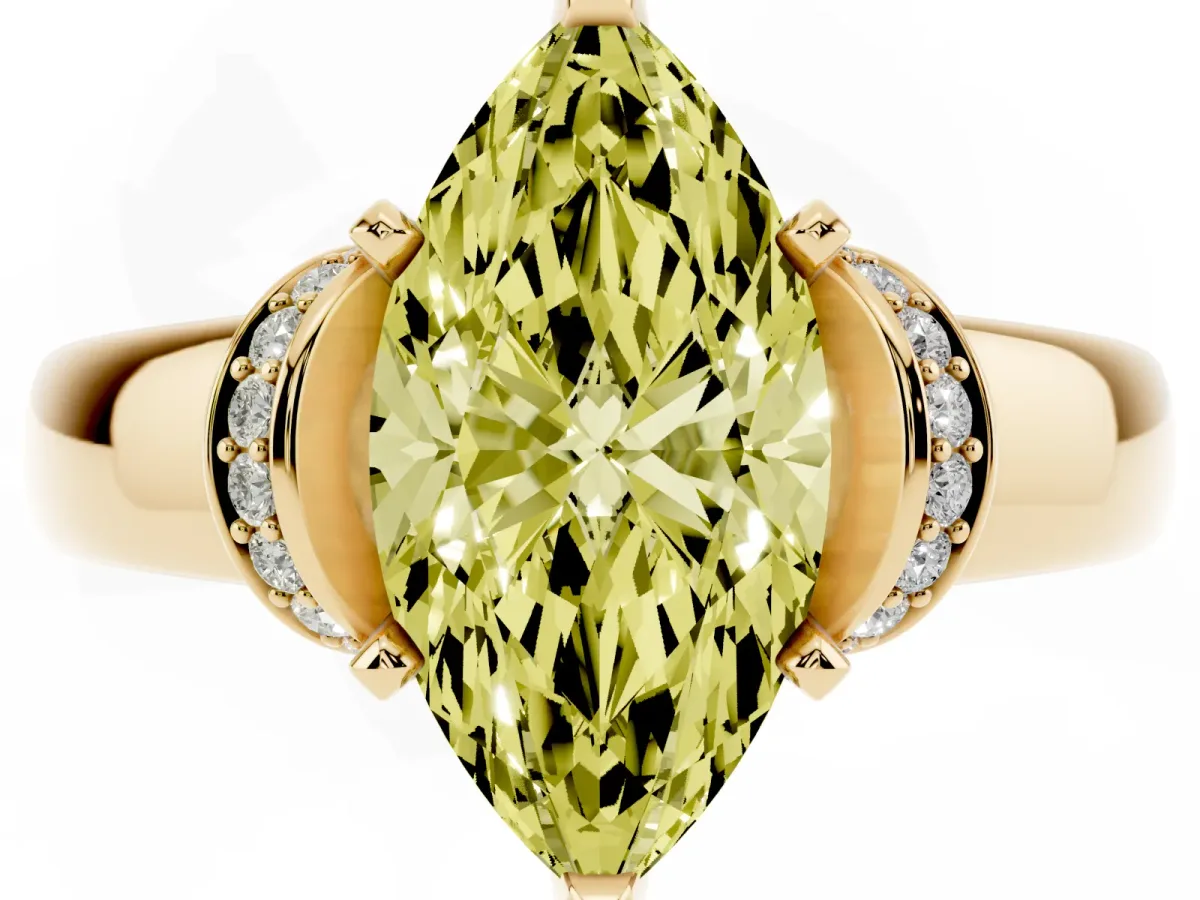 Fancy Yellow Marquise Cut Solitaire Diamond Ring with Pave Band and Six-Prong Setting Yellow gold