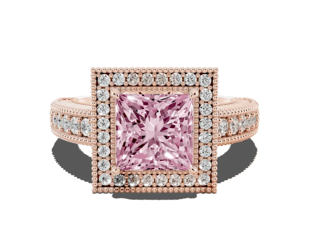 Fancy Pink Princess Cut Cut Halo Diamond Ring with Pavé Band and Four-Prong Setting Rose gold