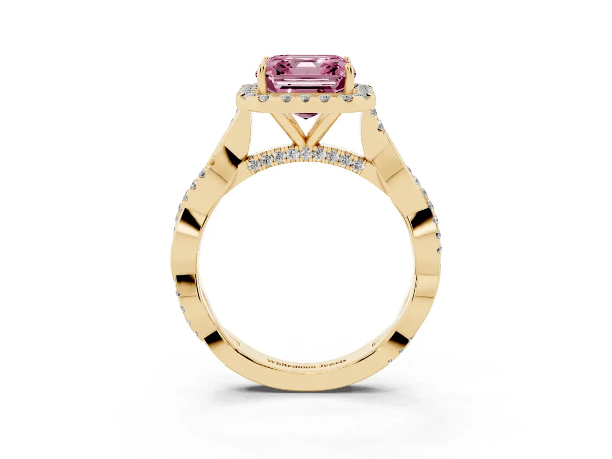 Fancy Pink Asscher Cut Halo Twist Band Solitaire Ring Yellow gold
