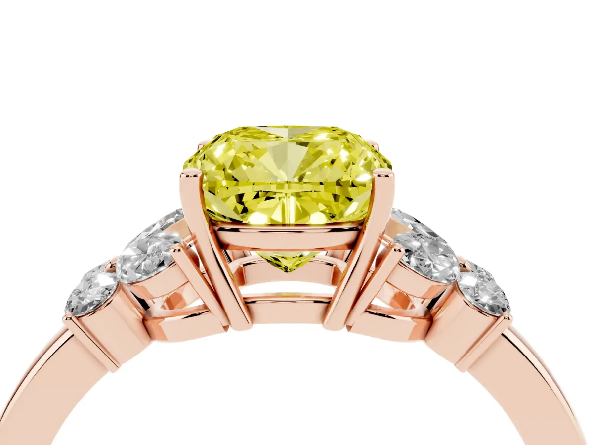Fancy Yellow Cushion Cut Cut Solitaire Floral Diamond Ring with Four-Prong Setting Rose gold