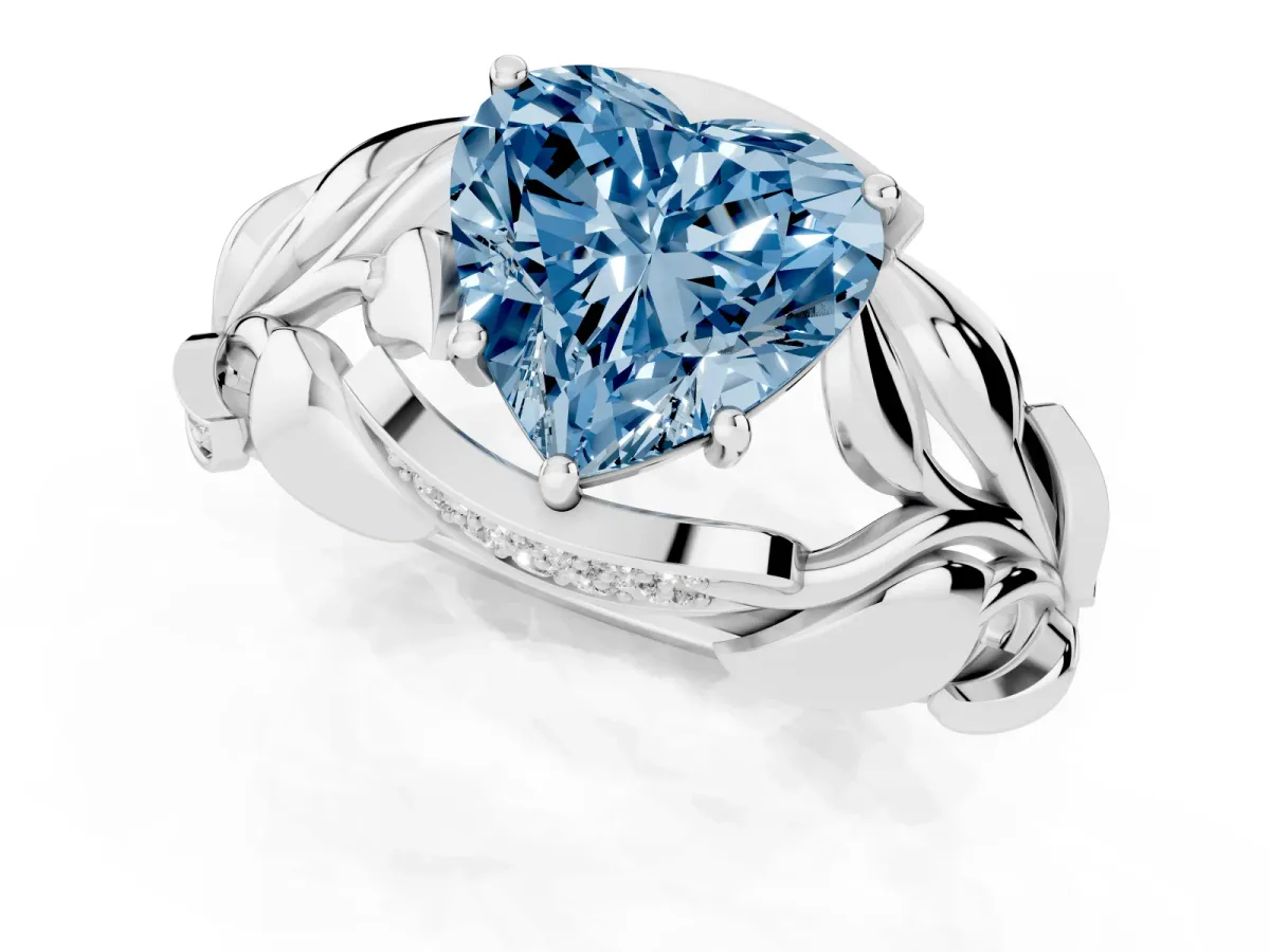 Fancy Blue Heart Cut Diamond Leaf-Inspired Engagement Ring with Round Accents and Prong Setting White gold