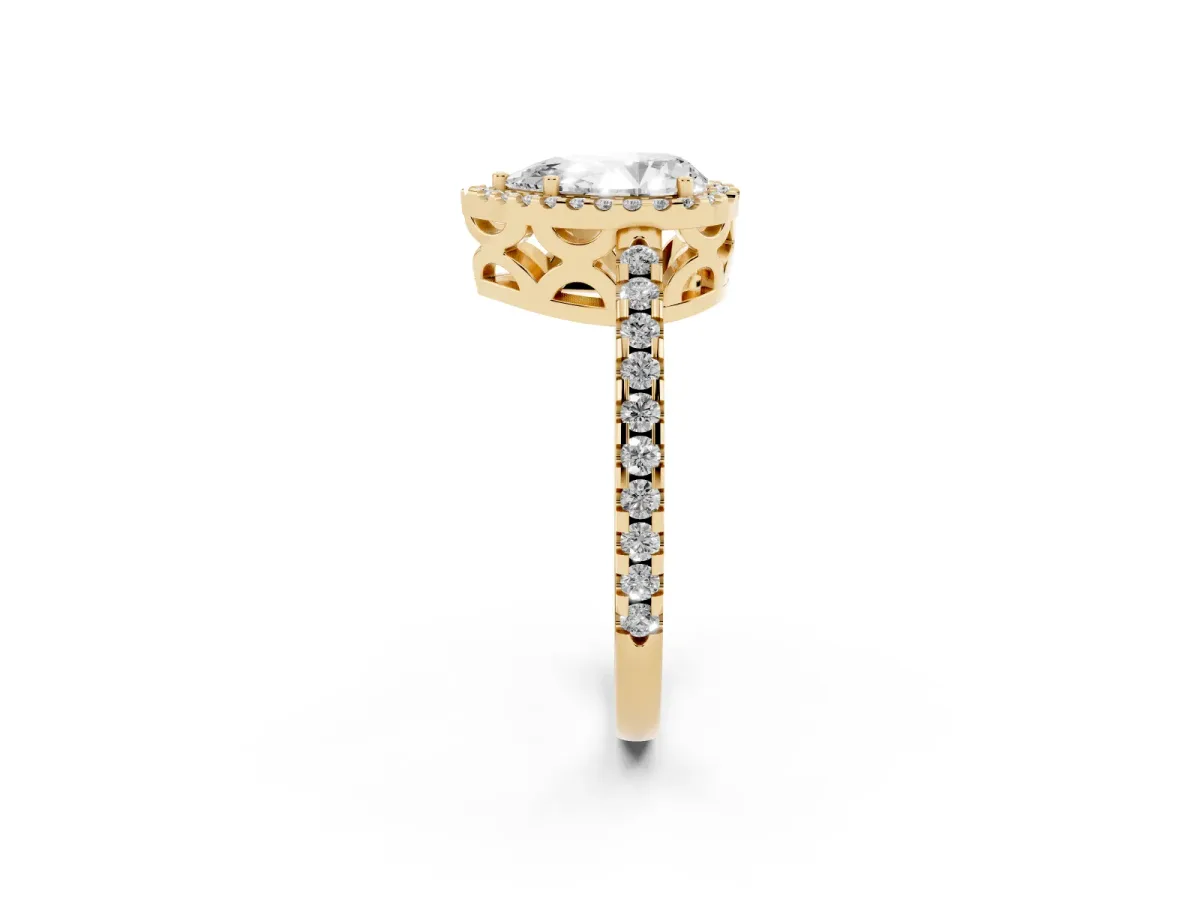 Pear Cut Diamond Halo Engagement Ring with Pavé Band and Prong Setting Yellow gold