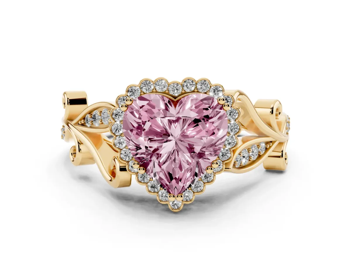 Fancy Pink Heart Cut Diamond Halo Ring with Vintage Split Shank and Four-Prong Setting Yellow gold