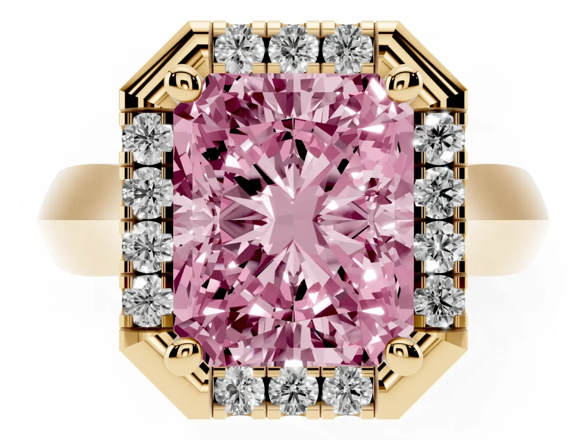 Fancy Pink Radiant Cut Cut Halo Solitaire Engagement Ring with Square Band and Four-Prong Setting Yellow gold