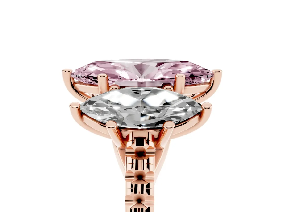 Fancy Pink Three-Stone Marquise Cut Diamond Ring with Round Pavé Band and Prong Setting Rose gold