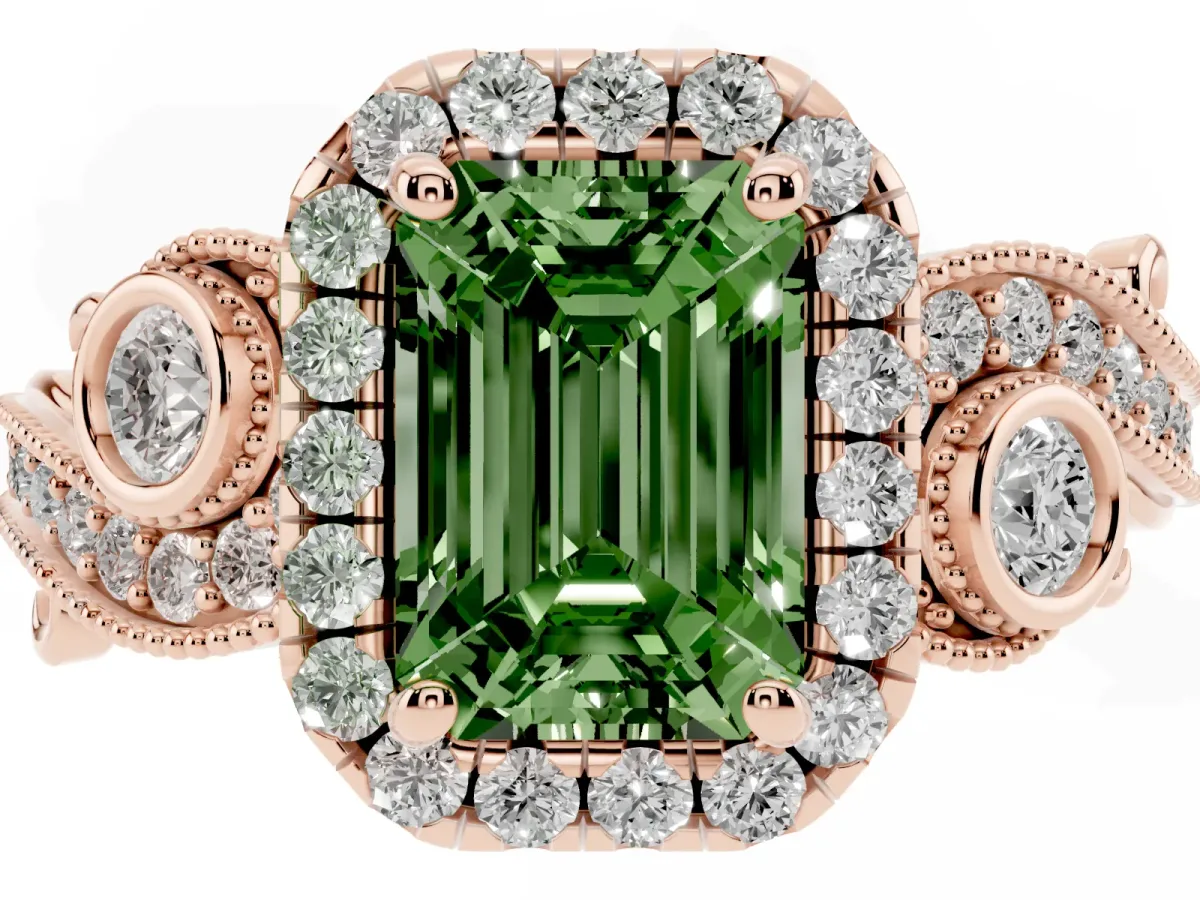 Fancy Green Emerald Cut Diamond Halo Ring with Milgrain Pavé Band and Four-Prong Setting Rose gold