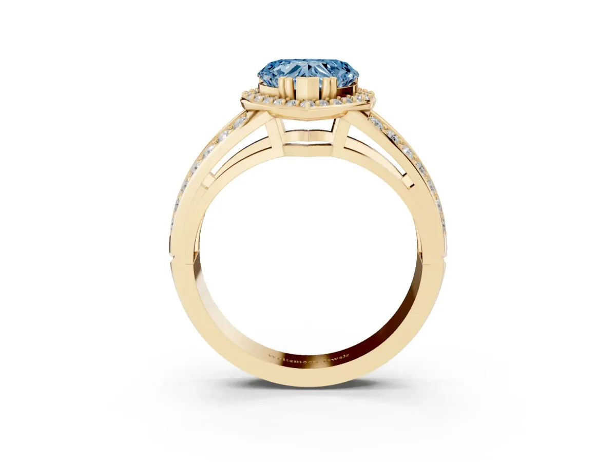 Fancy Blue Heart Cut Diamond Halo Ring with Split Shank Pavé Band and Four-Prong Setting Yellow gold