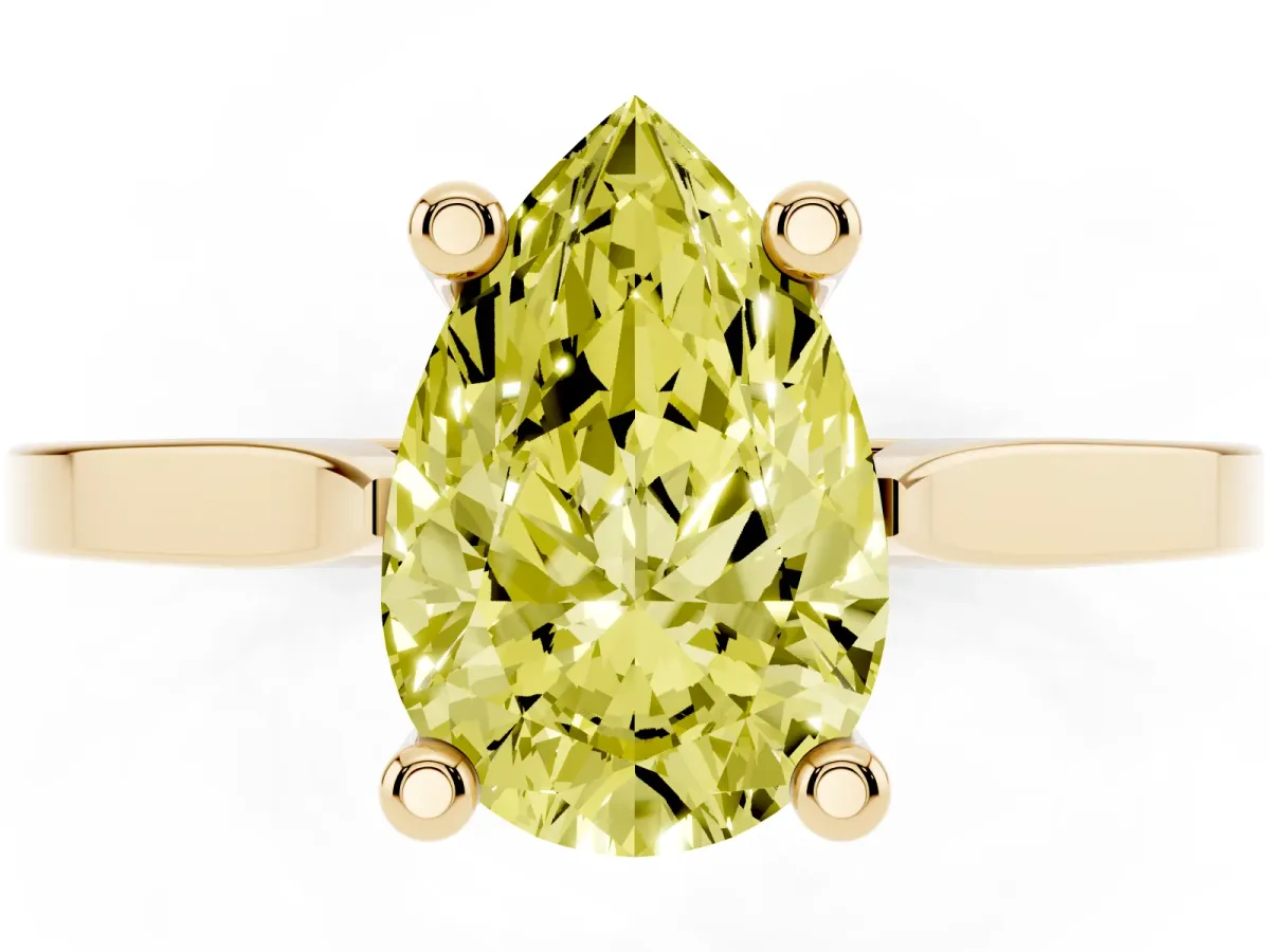 Fancy Yellow Pear Cut Solitaire Diamond Ring with Four-Prong Setting and Tapered Band Yellow gold