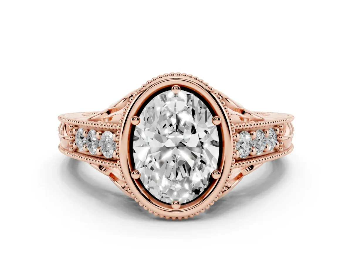 Bezel Set Oval Cut Diamond Milgrain Pave Engagement Ring Rose gold