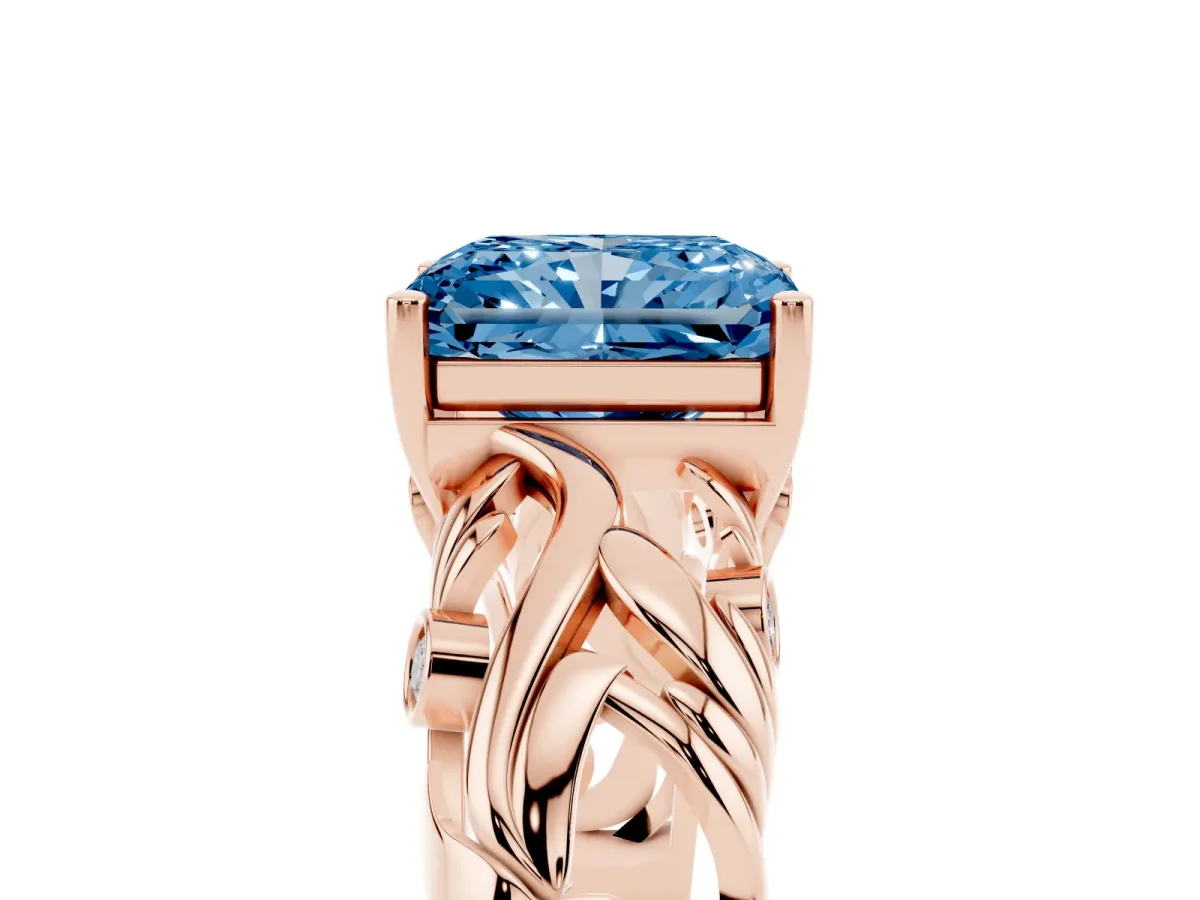 Fancy Blue Radiant Cut Solitaire Diamond Leaf-Inspired Vine Band Ring with Prong Setting Rose gold