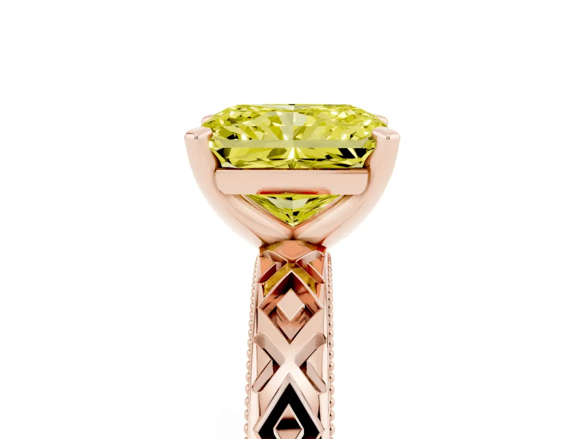 Fancy Yellow Radiant Cut Solitaire Diamond Ring with Milgrain and Black Enamel X Pattern Band Rose gold