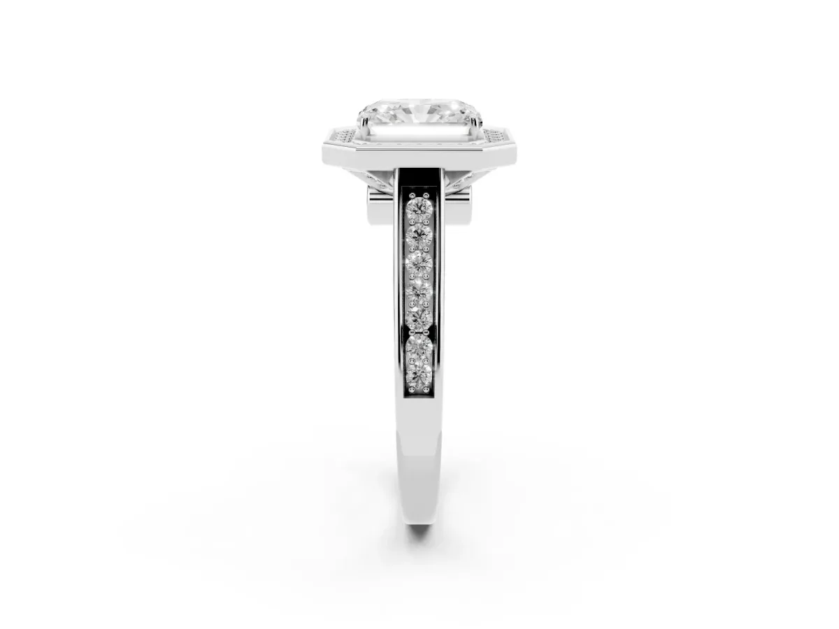 Radiant Cut Halo Solitaire Diamond Ring with Pave Band and Bezel Setting Silver