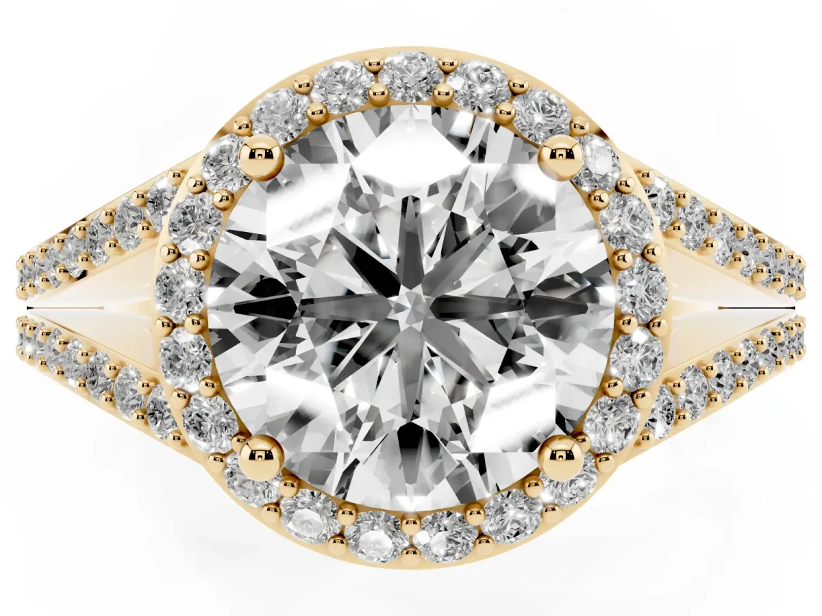 Round Cut Halo Split Shank Pave Diamond Ring with Four-Prong Setting Yellow gold